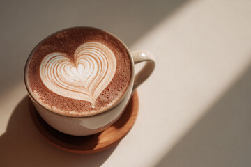 A cup of hot coffee latte art with heart sign foam on table background. Creative layout and concept of coffee shop branding and business