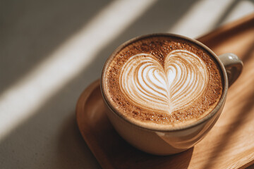 A cup of hot coffee latte art with heart sign foam on table background. Creative layout and concept of coffee shop branding and business