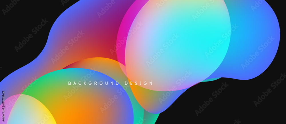 Poster abstract colorful shapes overlap dark background. gradient hues blend, creating modern visual design