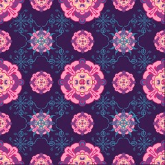 Seamless Purple Mandala Floral Pattern with Pink Flowers and Blue Ornaments