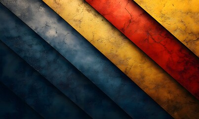 Abstract diagonal bands of blue gray yellow and red with textured surface and shadows creating depth
