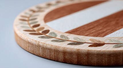 decorative wooden board with leaf motif, round shape, striped pattern under floral arch.
