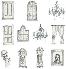 Halloween icon set collection with various themes including animals, decorations, crafts, games, and spooky elements