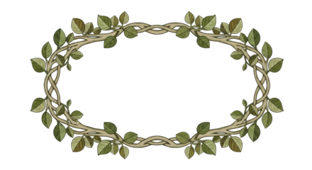 Isolated Celtic wreath, oval frame of intertwined branches with green leaves for decoration