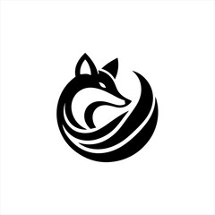 Stylized black fox logo with a swirling tail on a white background