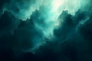 An ethereal teal and white cloudscape with a bright light source emanating from the top center