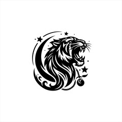 Fierce tiger head roaring with stars and crescent moon design