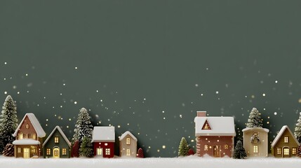 Christmas and New Year holiday background with Christmas and New Year holiday background with miniature houses and snowflakes. Small houses in the snow, Christmas background. Winter landscape