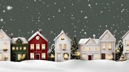 Christmas and New Year holiday background with Christmas and New Year holiday background with miniature houses and snowflakes. Small houses in the snow, Christmas background. Winter landscape