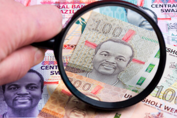 Swazi lilangeni in in a magnifying glass