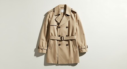 Naklejka premium Classic Beige Trench Coat on White Background, Modern Fashion