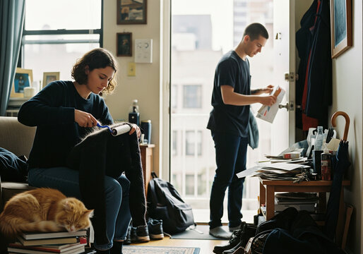 Roommates in small apartment with cat, one using lint roller on sweater and another sorting mail near cluttered entryway with afternoon daylight through window