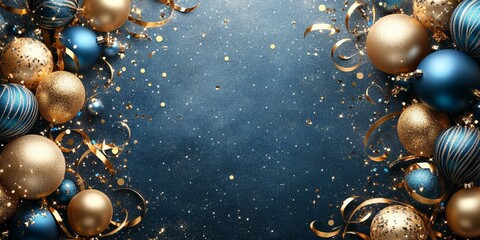 Holiday background with golden and blue metallic balloons, confetti and ribbons. Festive card for birthday party, anniversary, new year, christmas or other events. Created with, Generative AI