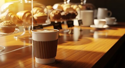 Coffee Cup with Latte Art on Wood Counter with Bakery Goods in Light Filled Cafe