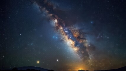 Fototapeta premium Night sky panorama showcasing the Milky Way galaxy, stars, and a distant horizon