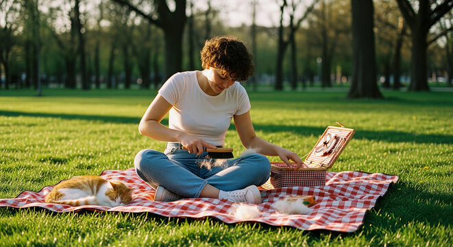 Person brushing pet hair from jeans on picnic blanket in park with cat, wicker basket, and trees in late afternoon sunlight