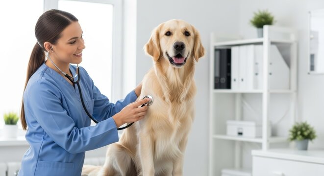 Female veterinarian examines Golden Retriever dog with stethoscope in clinic. professional doctor provides medical care to calm, healthy pet. veterinary medicine, animal health, professional pet care 