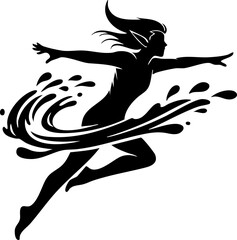 Dynamic silhouette of a graceful elf leaping through flowing water splashes, embodying freedom and natural power.