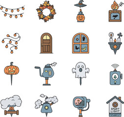 Halloween icon set collection with various themes including animals, decorations, crafts, games, and spooky elements