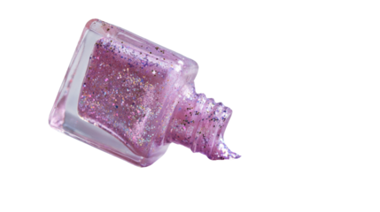 Pastel Pink and Purple Glitter Nail Polish Spilled from Glass Bottle Isolated on White Background – Beauty, Glamour, and Cosmetic Design Concept