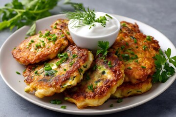Zucchini fritters with sour cream and fresh herbs