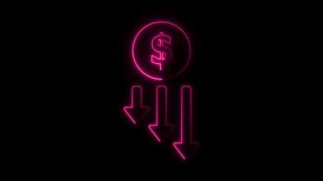 Abstract neon glowing reduce-cost icon isolated on black background. HD Video motion graphic .