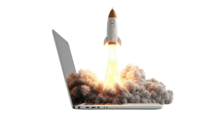 Startup Concept with Rocket Flying Out of Laptop Isolated on White Background for Business Innovation, Technology Growth, and Digital Success Design