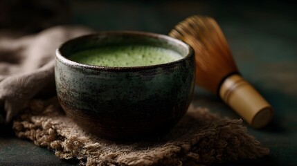 A traditional ceramic bowl filled with frothy green matcha tea alongside a bamboo whisk