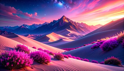 Stunning desert sunrise, vibrant pink flowers