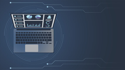 Modern illustration of a laptop displaying analytics dashboard with charts and graphs on a digital background, perfect for business, finance, data, and technology projects