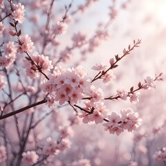 Fototapeta premium Soft, delicate cherry blossom branches in full bloom, pale pink flowers gently swaying against a serene pastel sky