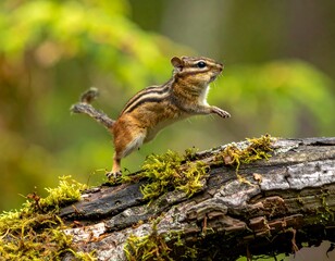 A small striped rodent leaps across a mossy log in a forest setting