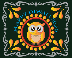 Happy Diwali 2025 greeting card design.Festive Happy Diwali 2025 greeting illustration with glowing diya lamp, owl, decorative floral patterns, and colorful background for celebration EPS 10/ AI.