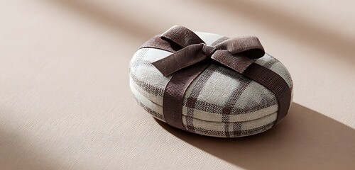 delicate plaid cloth with gloss finish, oval shape, velvet ribbon with refined style.