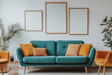 Teal sofa and terra cotta armchairs against white wall with art posters. Scandinavian style home interior design of modern living room, Generative AI