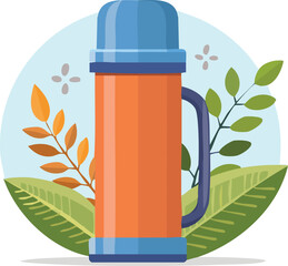 A thermos or travel mug decorated with leaves. A vector icon for concepts of outdoor activities, picnics, and eco-friendly travel. Generative AI