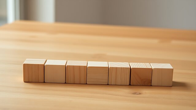 Wooden cube blocks arranged in progression on a smooth table, highlighted by soft natural lighting.