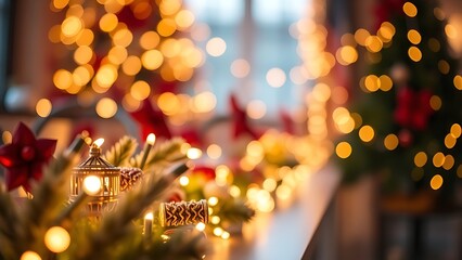 Festive holiday decorations with glowing lights and cozy ambient lighting in the background.