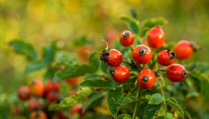 Close-up of rose hips on a bush with vibrant green leaves against blurred background