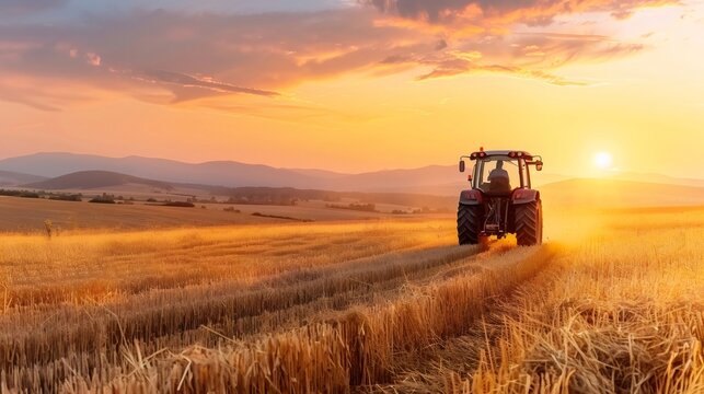 Tractor working harvested field during golden sunset - Powered by Adobe