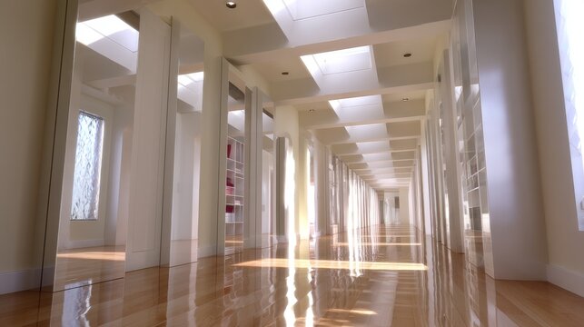 Sleek Modern Home Interior with Built-In Storage and Structural Columns, Enhanced by Studio Lighting in Close-Up Detail