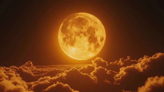 An orange moon emerges above soft clouds at night, creating a spectacular celestial display in the dark sky