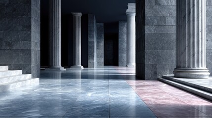 Classical Stone Columns Lining a Hallway with Polished Marble Flooring and Dark Background in Moody Lighting
