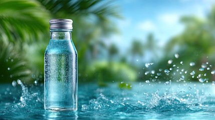 Clear Glass Water Bottle with Silver Cap Surrounded by Splashing Water and Tropical Greenery Under a Bright Sky