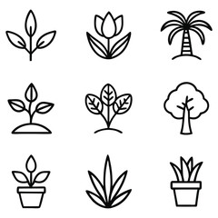 Collection of nine simple line art icons representing various plants and trees in different stages of growth and forms