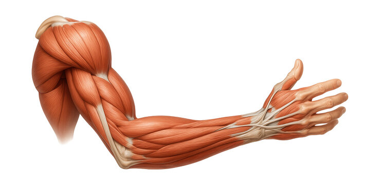 Detailed diagram of human upper limb musculature anatomy.