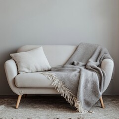 Cute sofa with plush blanket and grey woolen throw against white wall with copy space. Hygge home interior design of modern living room, Generative AI