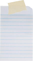 blank ruled white post it note with paper tape on white background, vertical isolated PNG