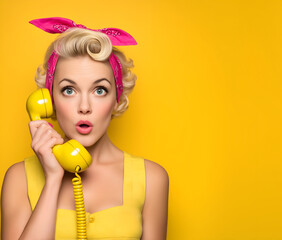 Creative fashion concept. A Pin-up glamour model 1950s style with blond bandana tied Pin curls hair, retro yellow dress holding a vintage telephone receiver with shocked playful expression. copy space