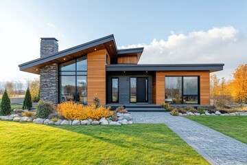 Modern ranch style private house with timber wood cladding. Residential architecture exterior, Generative AI
